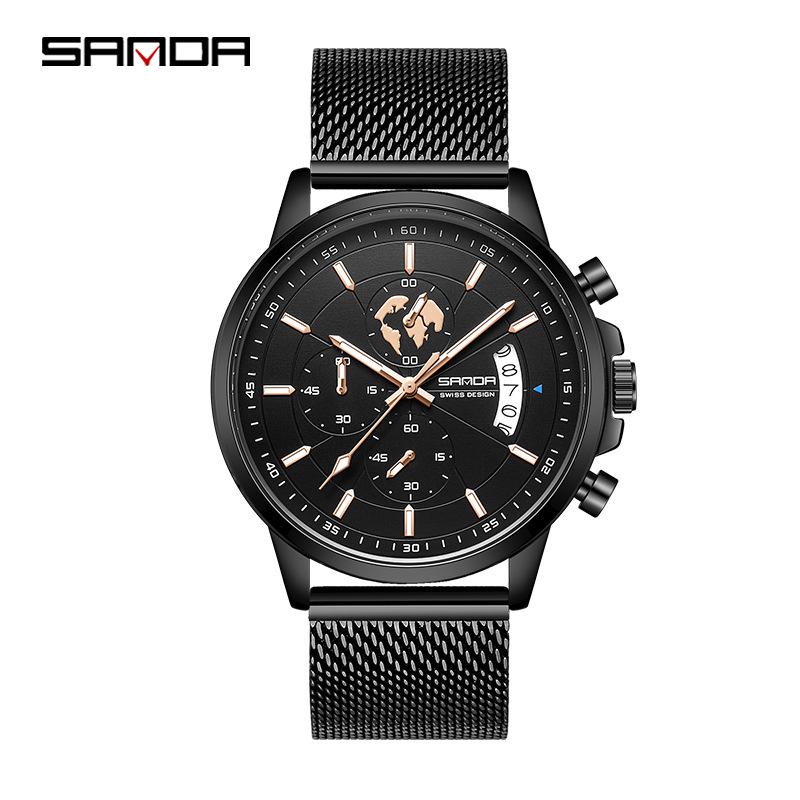 Sanda Men's Waterproof Quartz Watch with Steel Band and Calendar - Korean Edition
