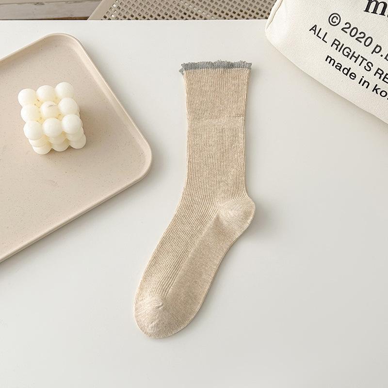 Spring and Summer Thin Lace Pile Socks, Color-blocking Mid-calf Socks, Versatile Flanged Socks, Women's Cotton Socks