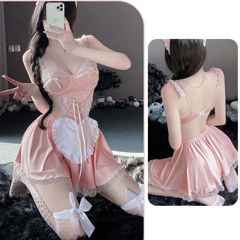Sexy Uniform Temptation Sweet Maid Uniform Cosplay Waist Tightening Open Back Sweet Lace Trim Adjustable Straps Decolletage Seductive Extreme Kinky