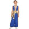 Boys Arab Prince Cosplay Costume 2Pcs: Loose Vest & Metallic Shiny Patchwork Bloomers Harem Pants Outfit for Halloween Party