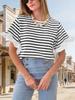 Womens Striped Ruffle Sleeve T Shirt Crew Neck Relaxed Summer Tee