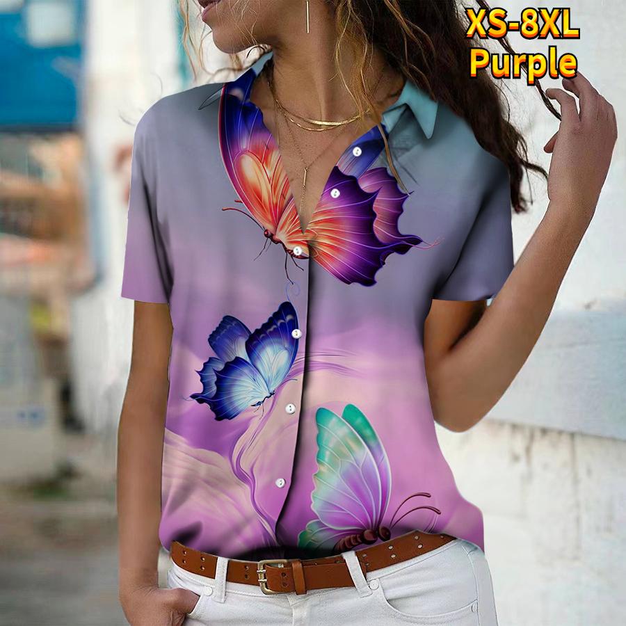 2025 Summer New Fashion Women's Butterfly Printed Short Sleeve V-neck Casual Button-down Shirt Top