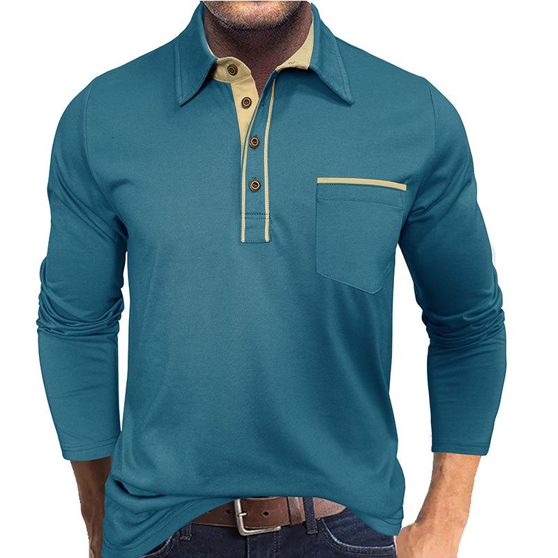 Men's Lapel Contrast Color Pocket Long Sleeve Polo Shirt Casual T-Shirt Tees