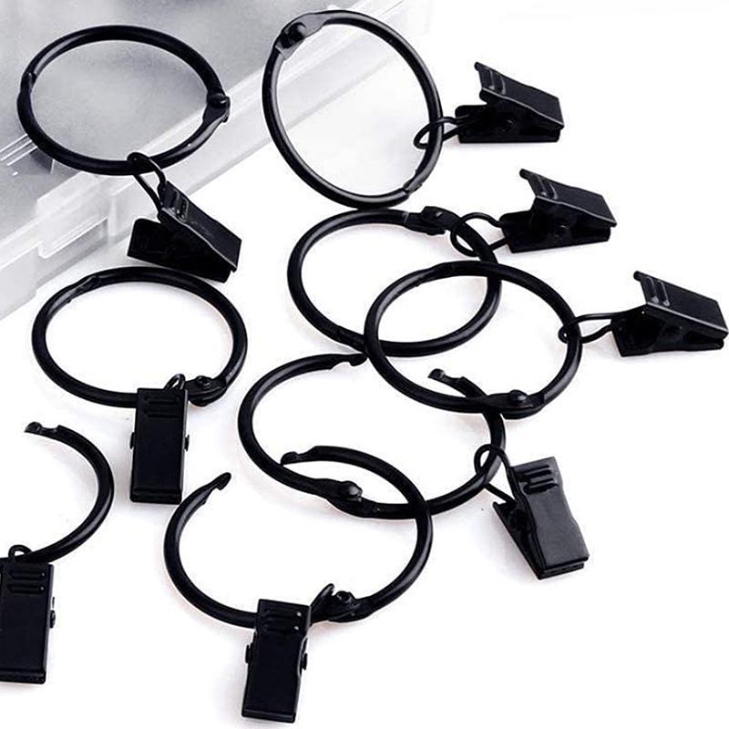 10Pcs Curtain Rings With Clips Metal Curtain Hooks Hangers Black Drapery Clips With Rings Curtain Accessories