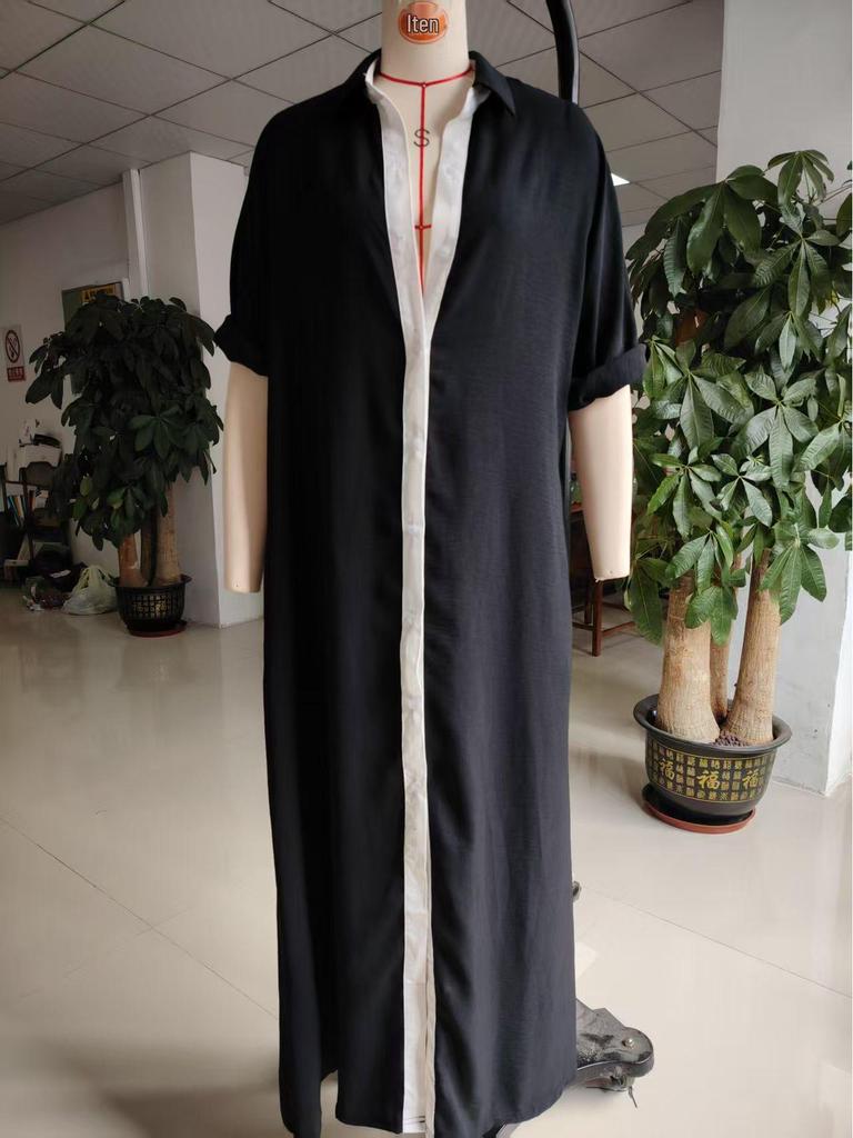 2026 Spring Women's Color-block Cotton Linen Shirt Dress