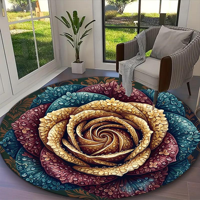 Classic Black White Rose Yin Yang Rug Ideal for Reading Room, Multi-purpose Office Chair Sofa Carpet, Anti-slip Printed Home Round Rug