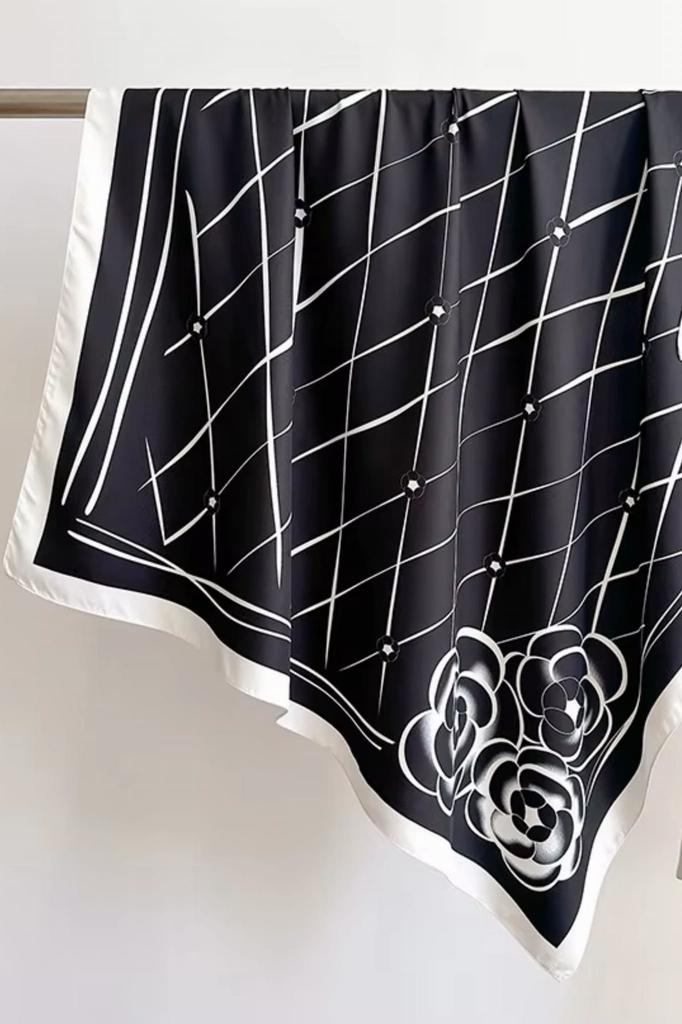 Women' Scarf 90X90 "Black Classic" - Imitation Silk with a Floral Pattern