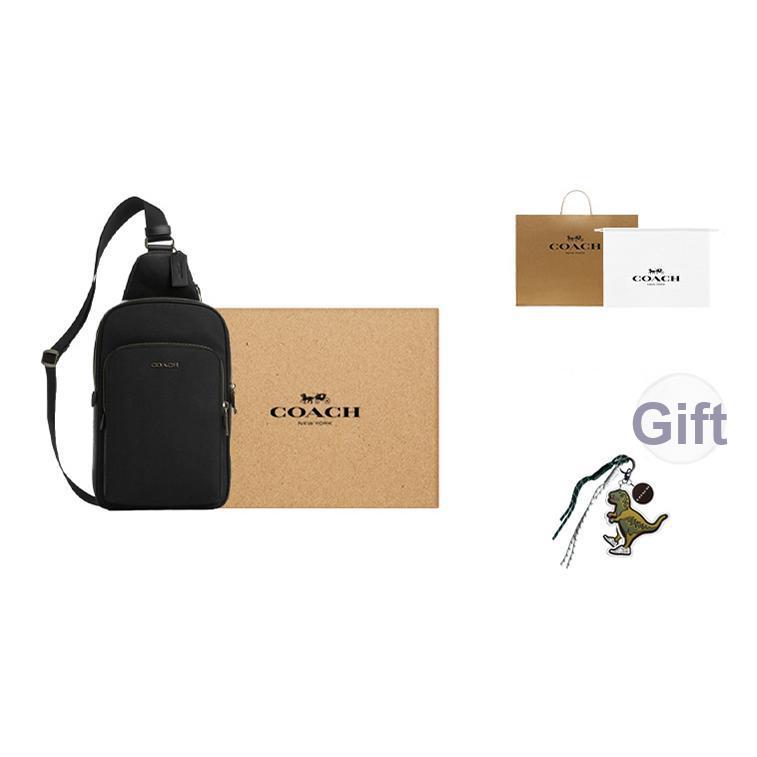 Coach Ethan 21 Brand Letter Logo Zipper Closure Adjustable Shoulder Strap Smooth Calfskin Crossbody Bag Small Men Crossbody Bag Black CO994-QBBK
