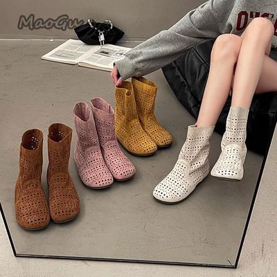 Fashion Women's Summer Boots Breathable Hollow Slip-on Sandals Flat Bottom Medium Tube Short Boots Fashion Size35 40 Botas Para Mujer