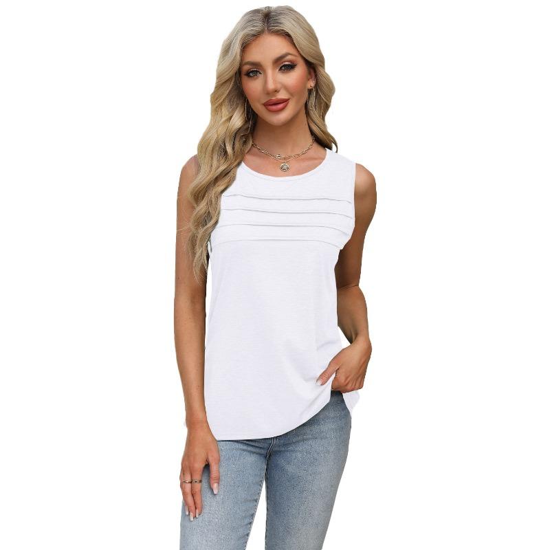 Women's New Spring/summer Solid Colour U-neck Pleated Vest T-shirt