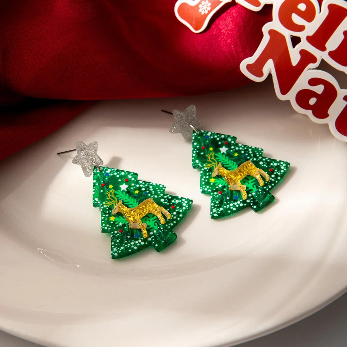 

Cute Cartoon Xmas Elk Snowflake Bells Earrings for Women Acrylic Christmas Tree Dangle Earrings Holiday Party Zircon Gift