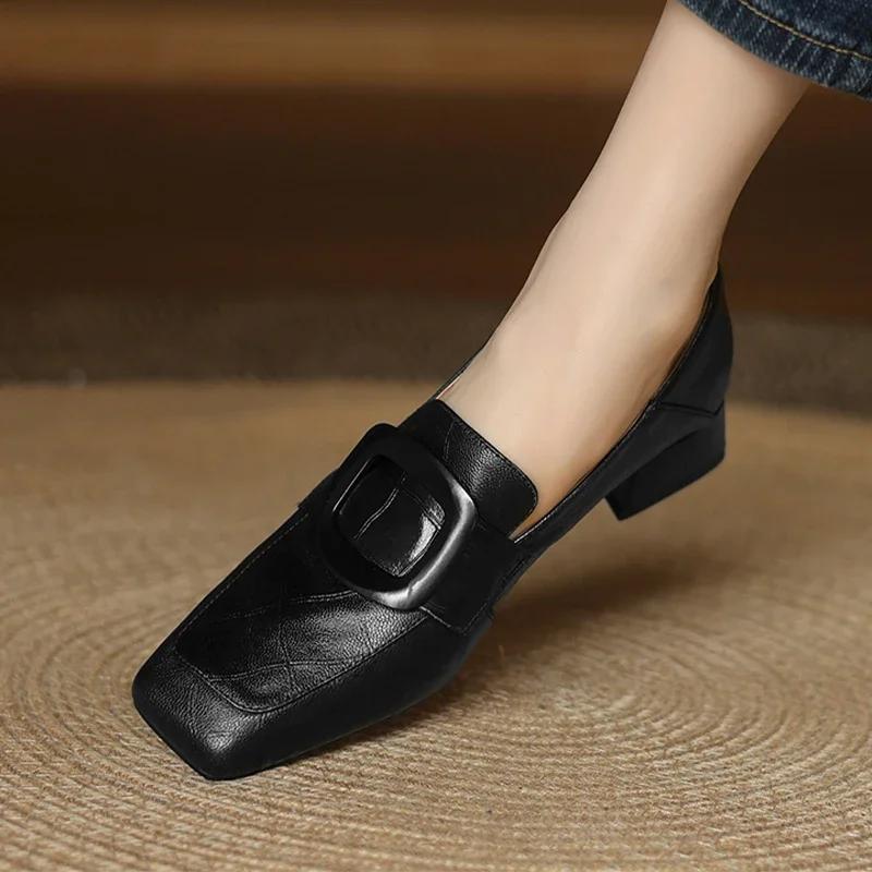 Fashion Chunky Woman Leather Shoes Square Toe Dress Office Loafers Shoes Woman Trend Designer New Elegant Heels Shoes Female Pumps