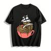 Vintage Sailing Ship Coffee Wave Graphic Print T-Shirt Pure Cotton T-shirt