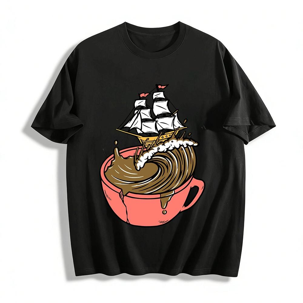 Vintage Sailing Ship Coffee Wave Graphic Print T-Shirt Pure cotton T-shirt XXS