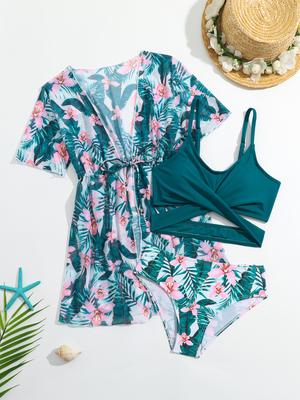 Girls' Fashion 3 Pieces Floral Printed Swimwear Set Solid Tank Top Briefs and Short Sleeves Lace Up Cover-Up Swimsuit Children's Bathing Suit