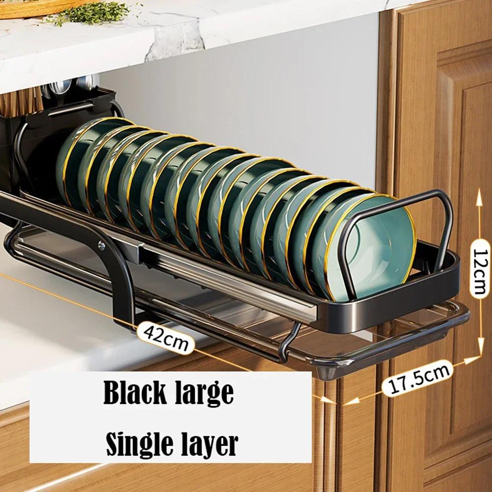 Black Bowl Dish Drainer Storage Rack Pull-out Drying Dishes Countertop Dinnerware Organizer Tableware Holder Kitchen Accessories