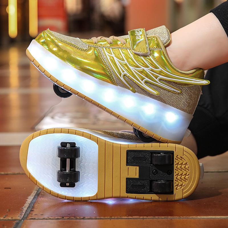 Boys Girls Kids USB Rechargeable Luminous Casual Sneakers LED Light Wheel Outdoor Parkour Roller Skates Sport