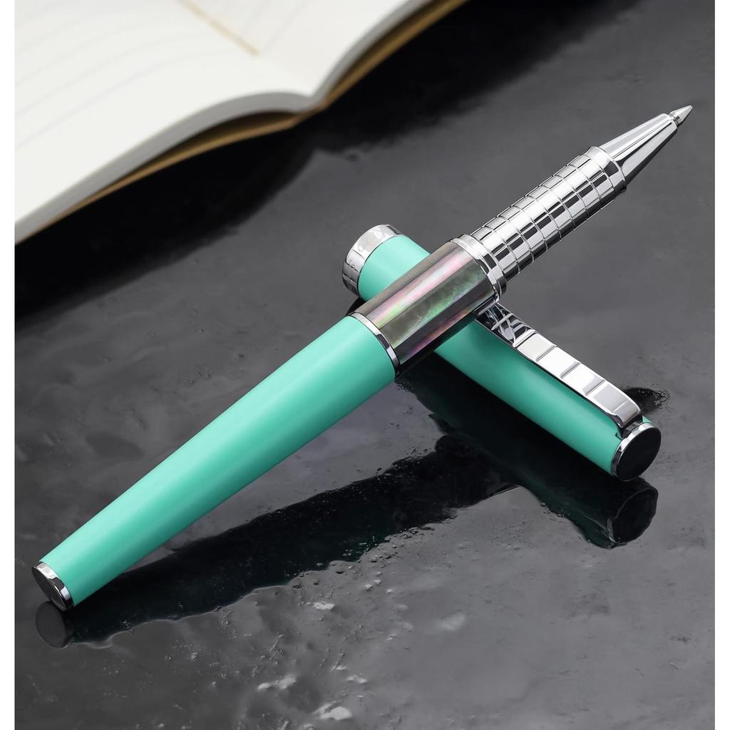 Xezo Speed Master Fine Rollerball Lightweight Brass Body with Chrome Matte Aqua Green and Tahitian Black No Two Pens Are Exactly Pen. Plating, Finish,