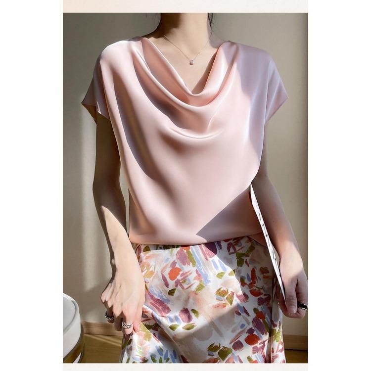 Fashion Women Satin Thin Temperament Collar Tops Short Sleeve Stacked Spring Summer New Versatile T-shirt Foreign Style