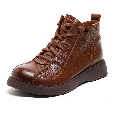 Echt Leer Korte Laarzen Vrouwen Vier Seizoenen Nieuw Retro Britse Stijl Platte Schoenen Buiten Anti-Slip Wandelen Casual Schoenen Luxe