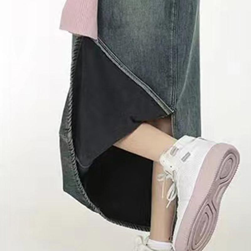 Fusta de blugi îngroșată din lână Vintage plus, iarnă, cu talie înaltă pentru slăbire, cu fantă peste genunchi, fustă într-un singur pas Fusta în formă de A