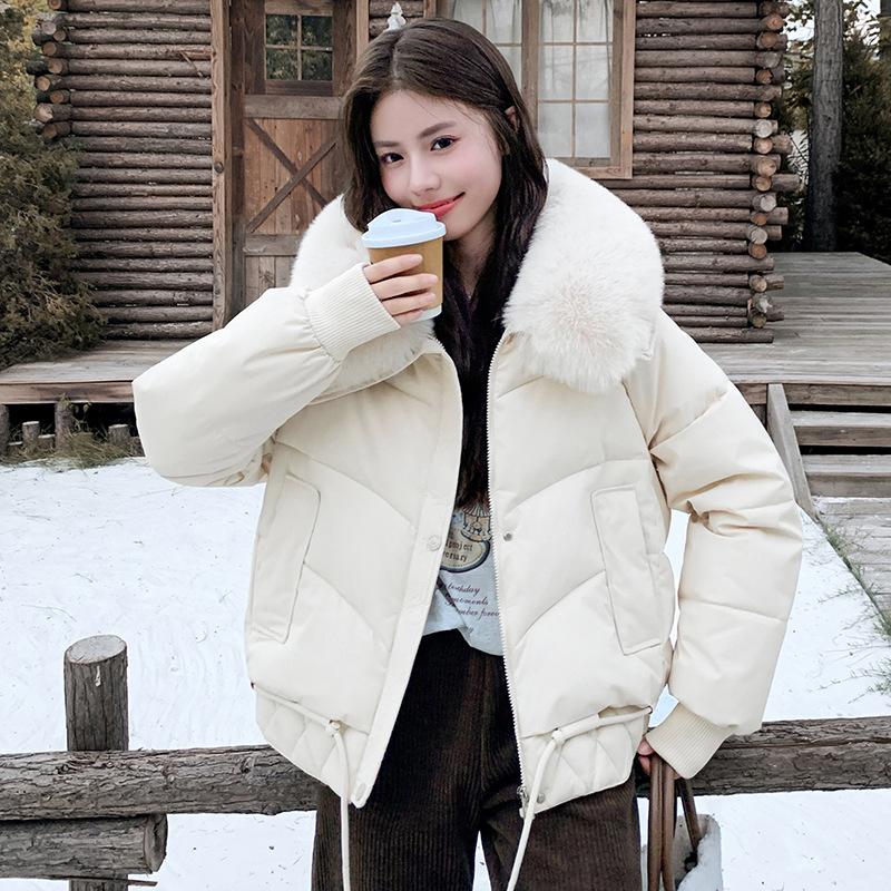 Winter Großer Pelzkragen und Baumwolljacke Warm Winddicht Gefütterter Mantel für Damen Verdickt O Locker Übergroß Oberbekleidung