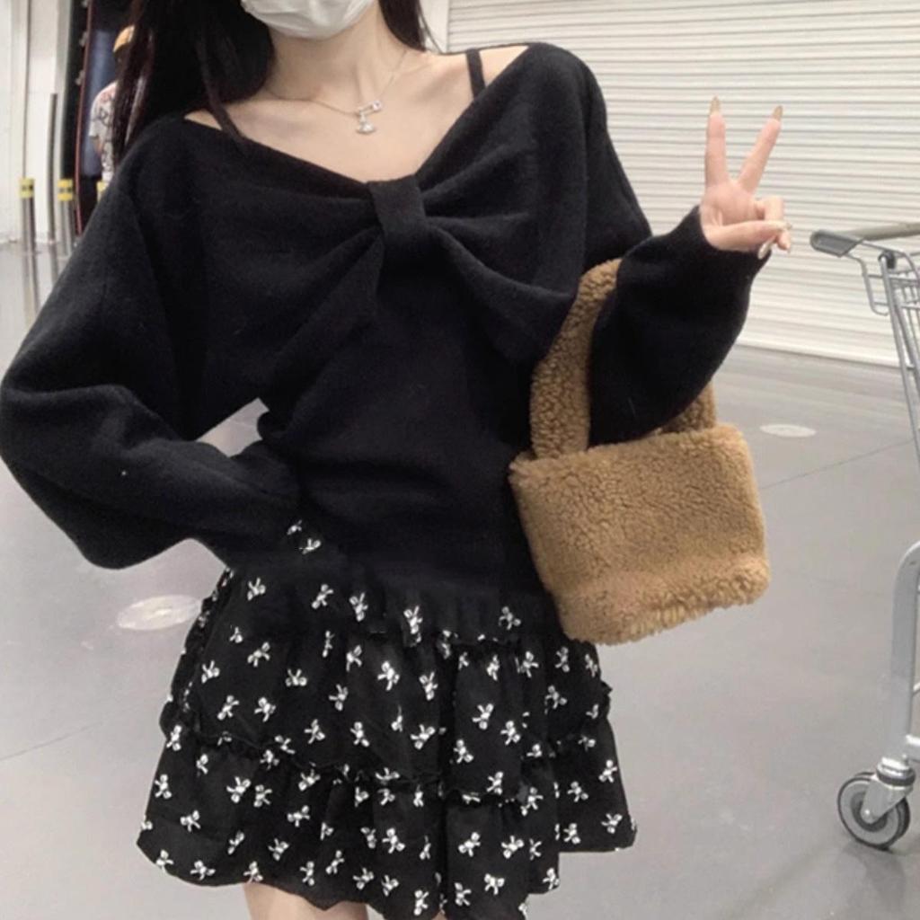 2025 Autumn Women's Two-Piece Sweater Set: Camisole Vest & Bow Long Sleeve Knit Top