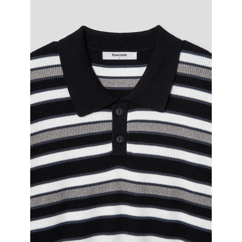 8SECONDS Multi-Stripe Collared Short-Sleeve Knit Black