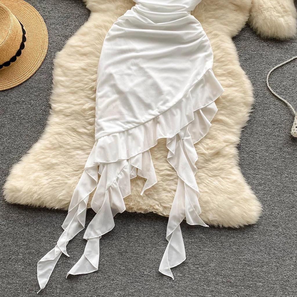 Elegante Sexy Backless Hohe Taille Rüschen Liebsten Split Kleid Fee Sommer Strand Urlaub Vestidos Schlanke Frauen Party Mini Kleid