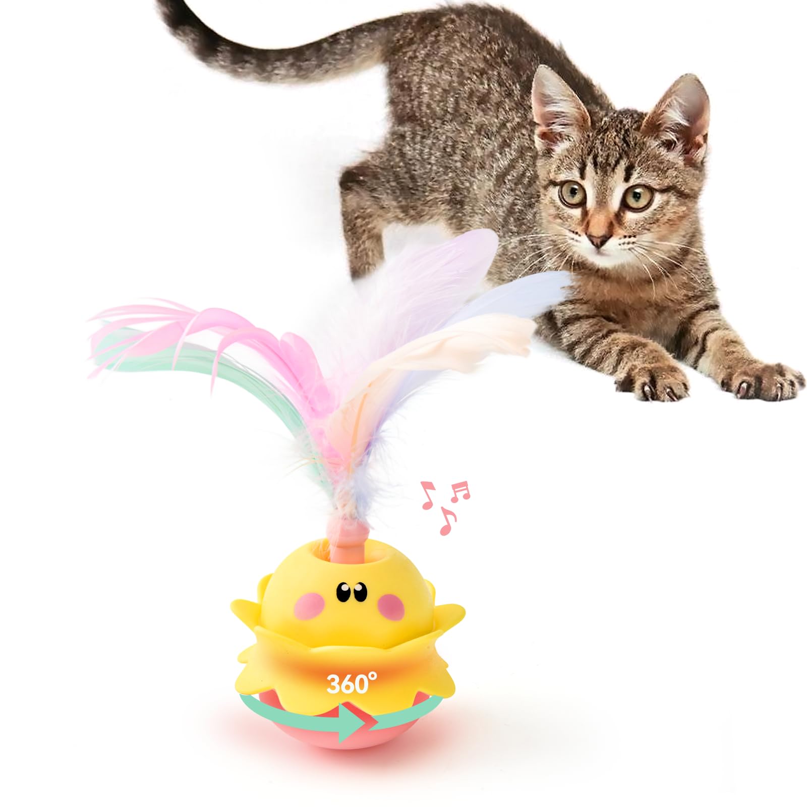

LIFLIX Cat Toy, Solitaire Play, Automatic Cat Teaser with Feathers, Rotating, USB Rechargeable, Sound Emitting, Light Up, Pink & Yellow