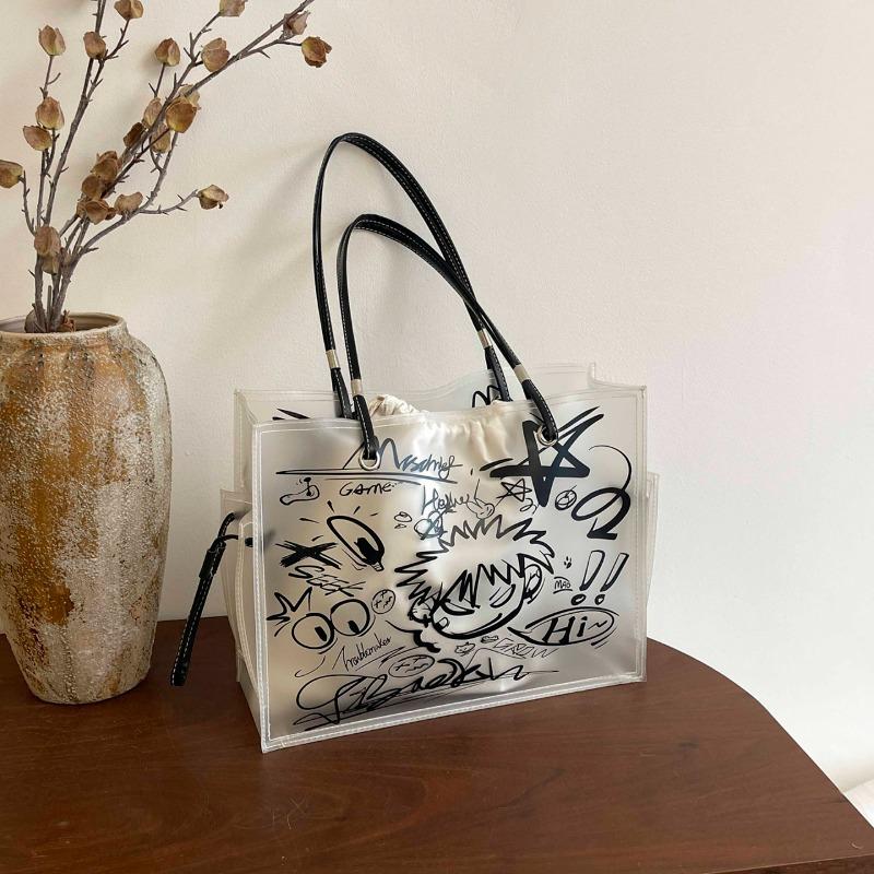 Streetwear Graffiti Clear PVC Tote Bags for Women Hot Sale Large Waterproof Shoulder Bag Casual Y2K Aesthetic Transparent Bag