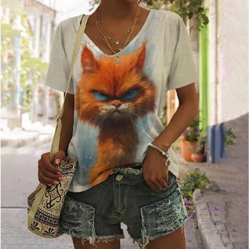 Summer V-neck 3D Animal Flower Printed Top Fashionable Casual Short Sleeved Women's T-shirts