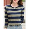 Tops for Women Striped Pattern Round Neck Long Sleeve T-shirt Fall Casual Slim Pullover Women's Long Sleeve Top