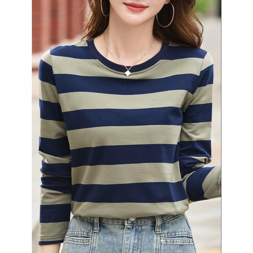 Tops for Women Striped Pattern Round Neck Long Sleeve T-shirt Fall Casual Slim Pullover Women's Long Sleeve Top