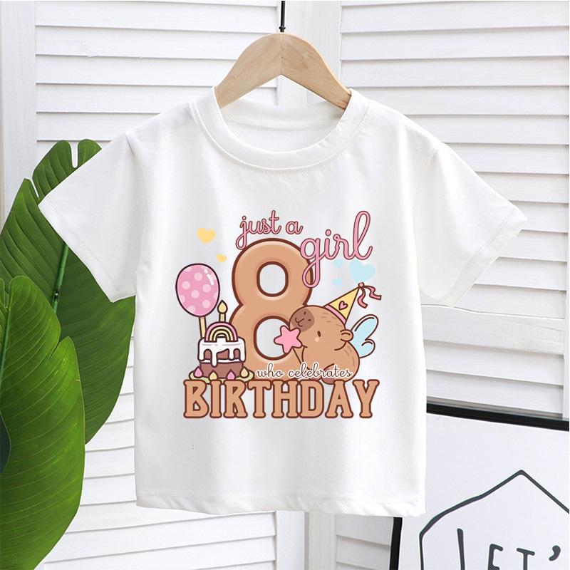 New Capybara Summer Birthday Number Pure Cotton Print Kids T Shirts Short Sleeved Cute Children's T-shirt