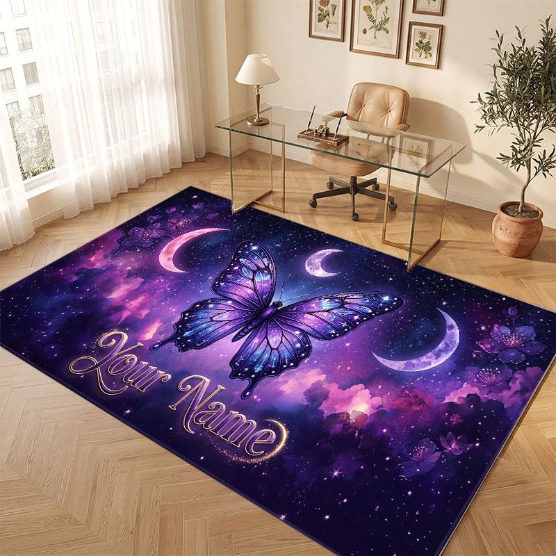 Butterfly Theme Crystal Velvet Floor Rug Personalized Custom Name Text Warm Carpet Home Decoration