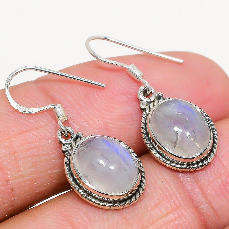 Natural Rainbow Moonstone Gemstone 925 Solid Sterling Silver Earring 1.25" I1a42