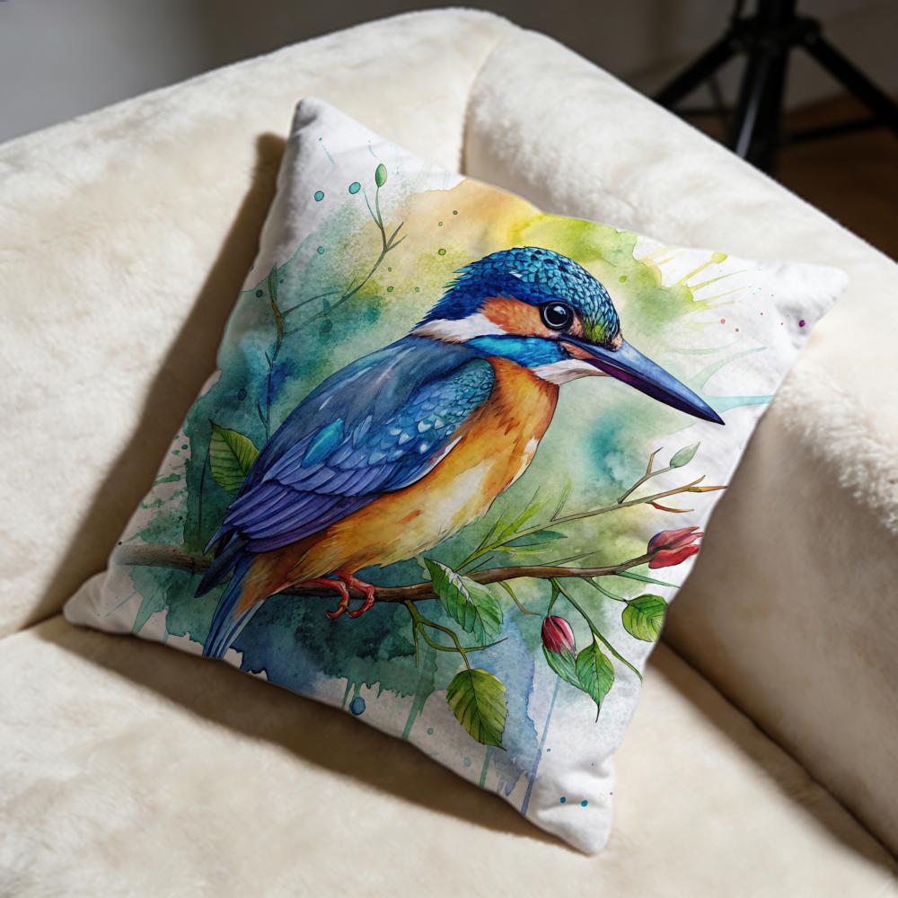 Kingfisher Watercolor Painting Cushion Cover Soft Decorative Pillow Case Suitable for Bedroom Sofa Car Travel Use