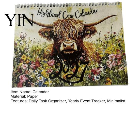 2027 Monthly Wall Organizer Highland Cow Calendar 2027, 12 Month Hanging Planner with Thick Paper Large Daily Blocks, Home Office Organizer,