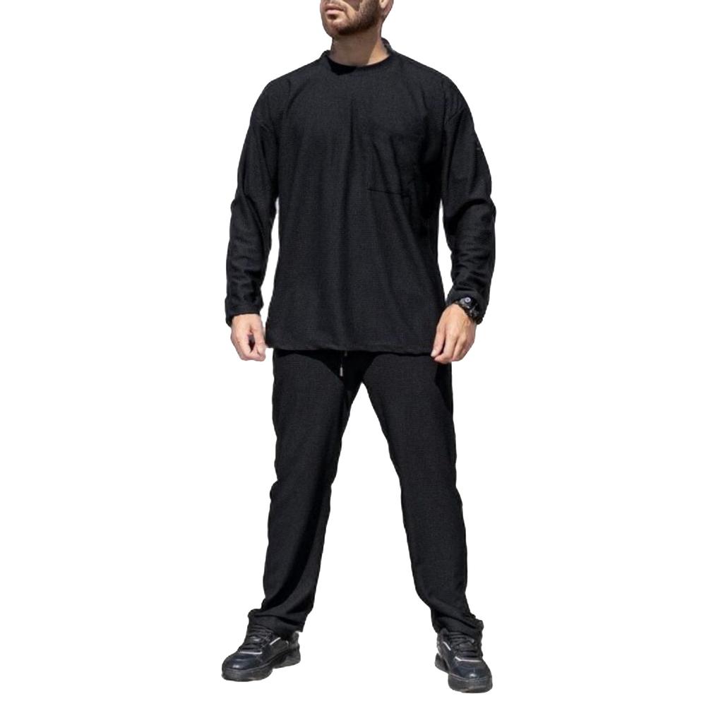 Men's Solid Color Loose Round-neck Patch Bag Breathable Sports Long-sleeved Top And Pants Two-piece Set