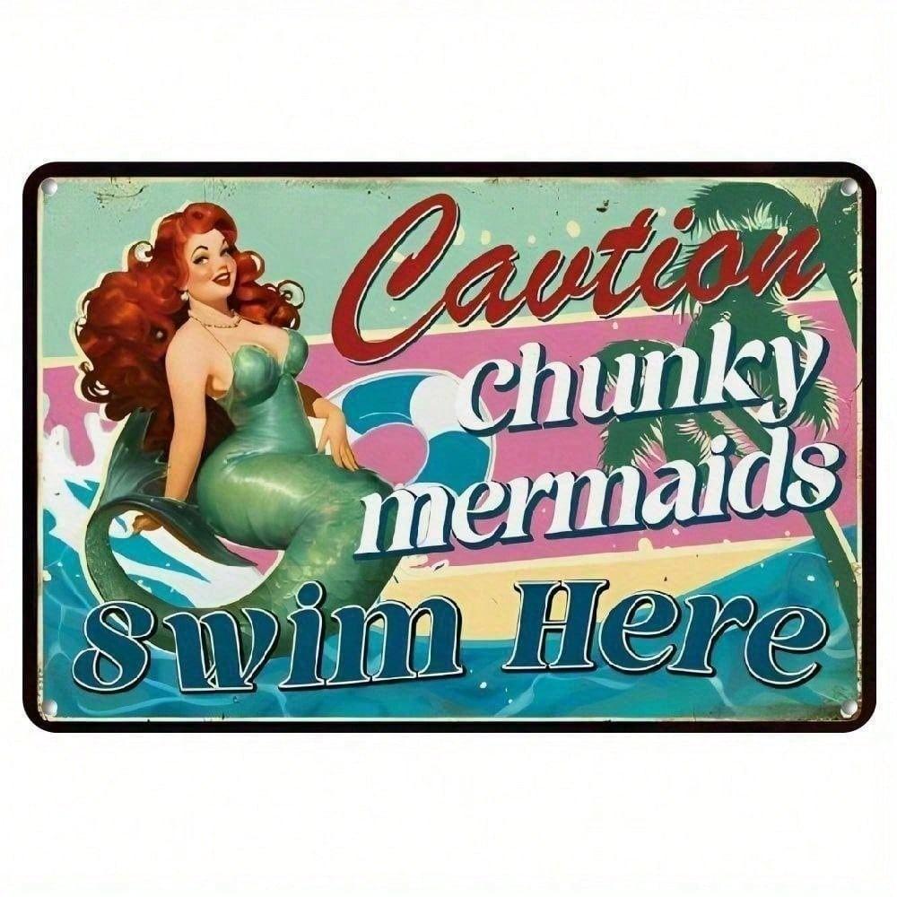 Vintage Metal Sign Mermaids Swimming Pool Humorous Wall Art for Bar Beach House Decor 12x16