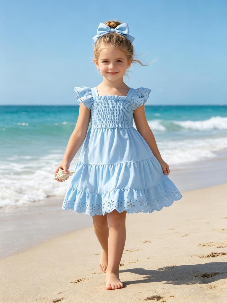 Smok Sommerkleid für Mädchen, Kleinkind-Sonnenkleid mit Rüschenärmeln und Lochstickerei, Einfarbig Blau, Mehrlagiges Partykleid für Kinder 3-7 J.