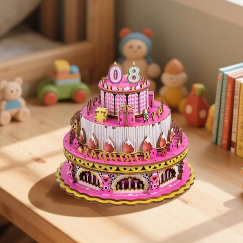 Wooden Mechanical Rotating Birthday Cake Music Box Craft Set Easy Assembly No Tool Required Musical Ornament Gifting