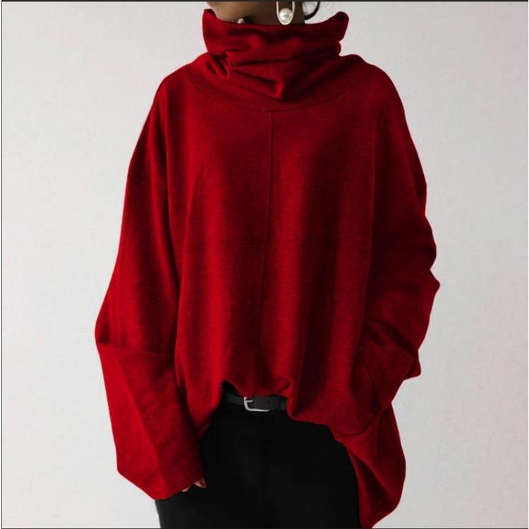 Casual Women's Loose Solid Color Warm Long Sleeve Sweatshirt with High Collar Autumn Winter Clothes Size S-5XL Pocket