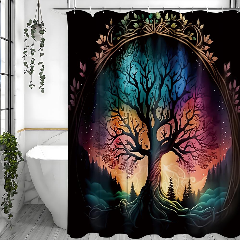 Duschdraperi med förtrollad skogsträd, Dekorativt duschdraperi för badrum, Vattentätt duschdraperi med krokar
