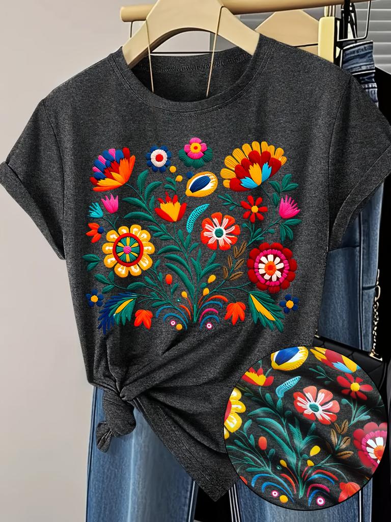 Mexican Embroidery Floral Women's Tee - Vibrant Folk Art Graphic, Casual Black Top