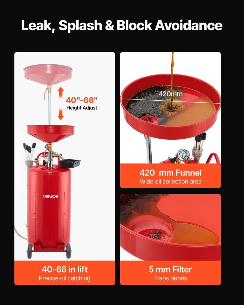 79.5L Waste Oil Drain Tank, Air Operated Portable Oil Drainer with Adjustable Funnel Height, Industrial Fluid Drain Tank with Wheels, Fluid Fuel