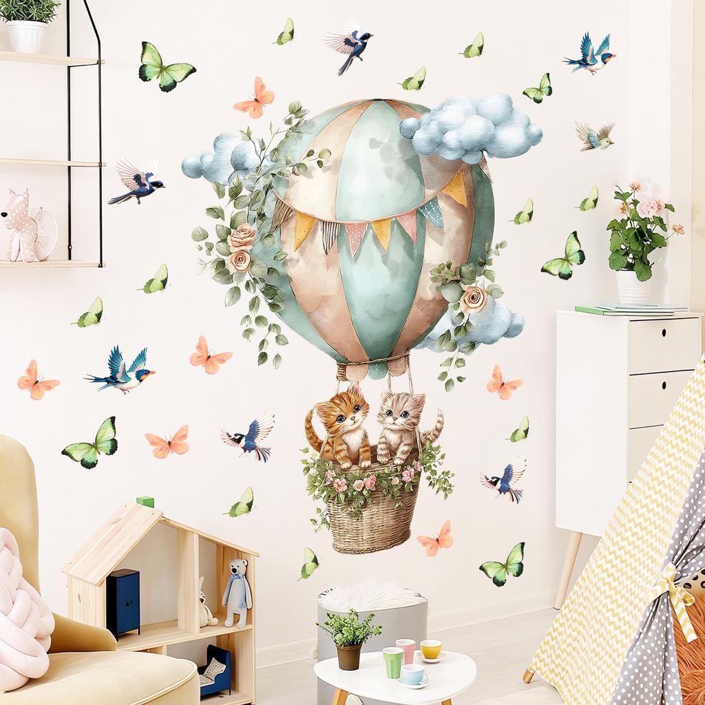 Watercolor Hot Air Balloon Cat Wall Sticker Butterfly Bird Plants Self-Adhesive Waterproof Removable Warm Home Decor