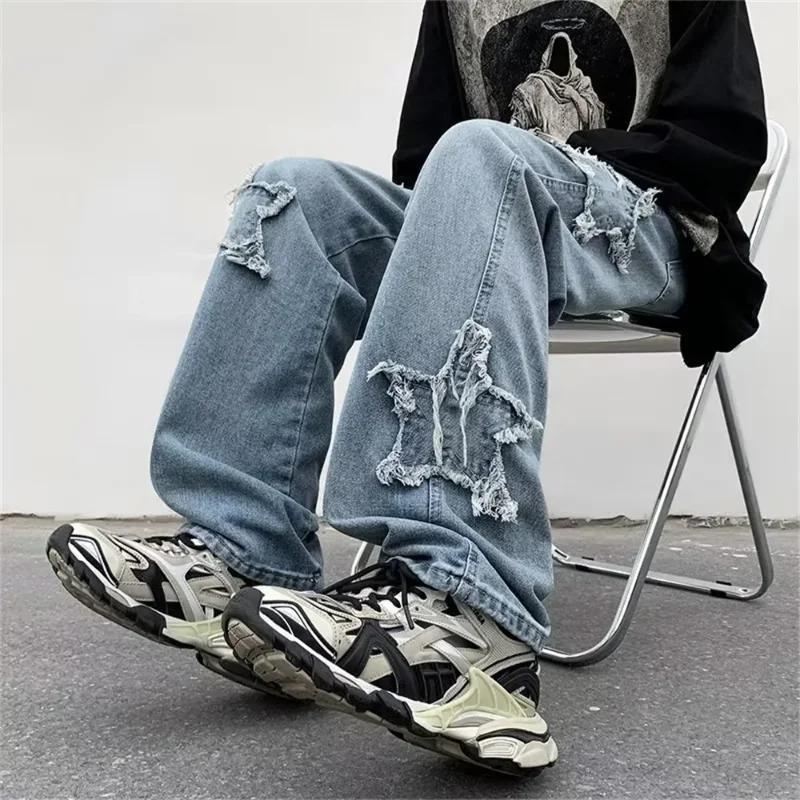 Fashion Stars Towel Embroidery Brown Men Jeans Pants Y2K Clothes Straight Hip Hop Cotton Trousers Pantalon Homme