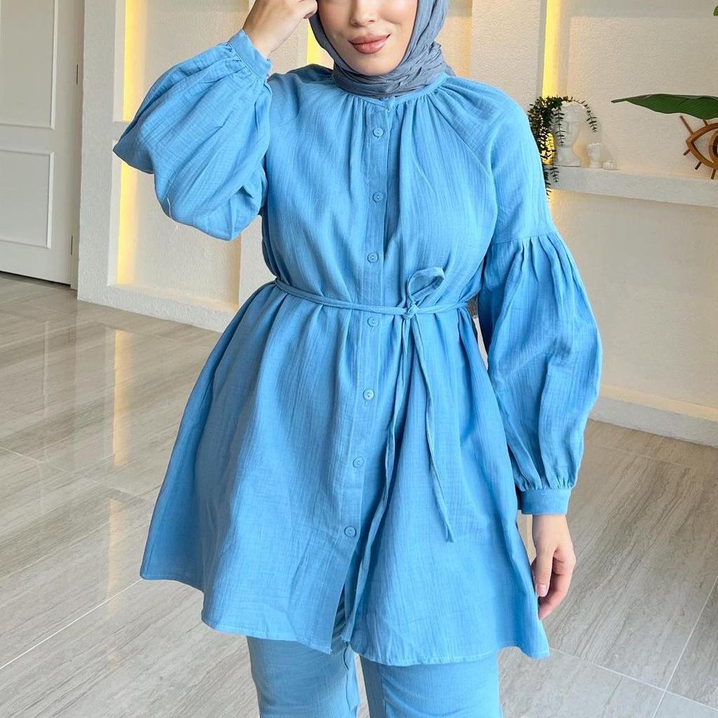 2024 Autumn/Winter Muslim Arabic Clothing Set: Long-Sleeve Shirt & Pants with Puff Sleeves